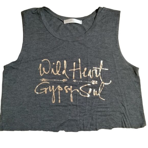 Gaze USA Tank Top CUT OFF AT BOTTOM Gray with Gold Wild Heart Gypsy Soul Sz S - Picture 1 of 6